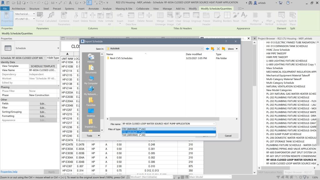revit 2022 export schedules to csv by default