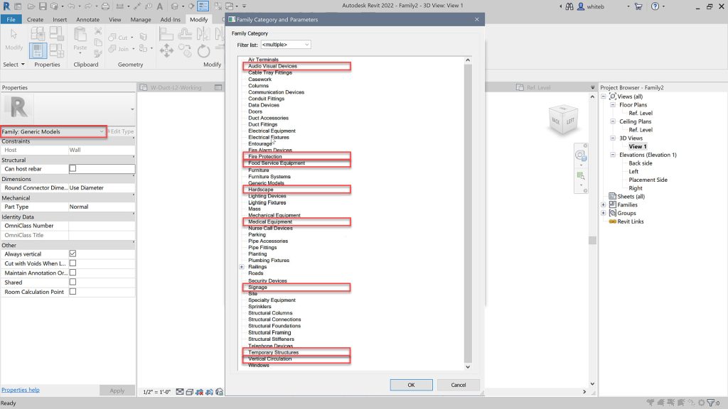 Revit 2022 new family categories for equipment and building elements