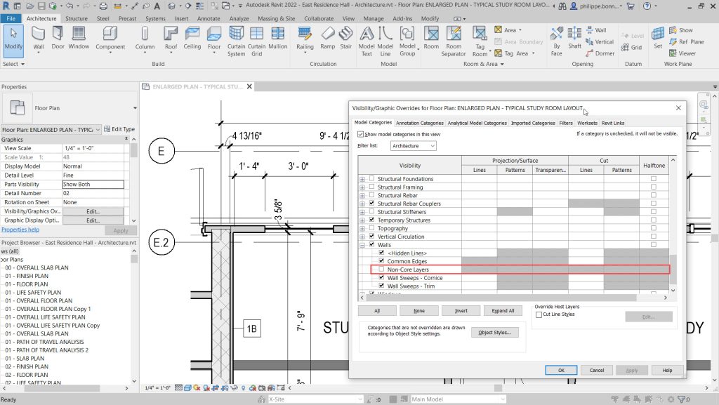 revit 2022 show wall core only in plan views
