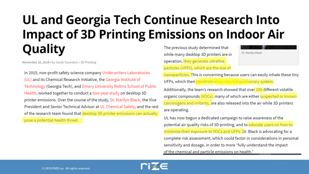 Rize - World's first UL Greenguard 2904 Certified 3D Printers UL and Georgia Tech continue research into impact of 3D printing emisions on indoor air quality