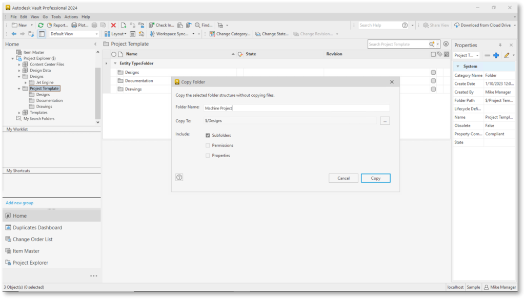 Automate your Design Processes with Autodesk Vault Whats New in Autodesk Vault 2024 Job Processor Copy Folder Structure Setup a new project quickly Start with a known folder structure Users can create a project folder from a template or previous folder structure Copy Folder Structure permissions and Properties